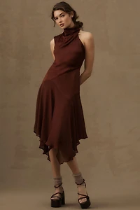 Mock-Neck Asymmetrical Draped Midi Dress