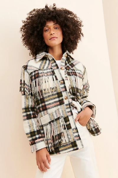 [BLANKNYC] Plaid Fringe Shirt Jacket