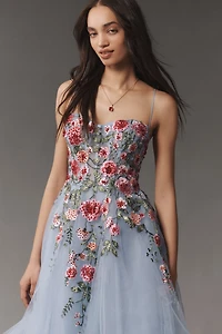 Mac Duggal Strapless Embroidered Tulle Midi Dress