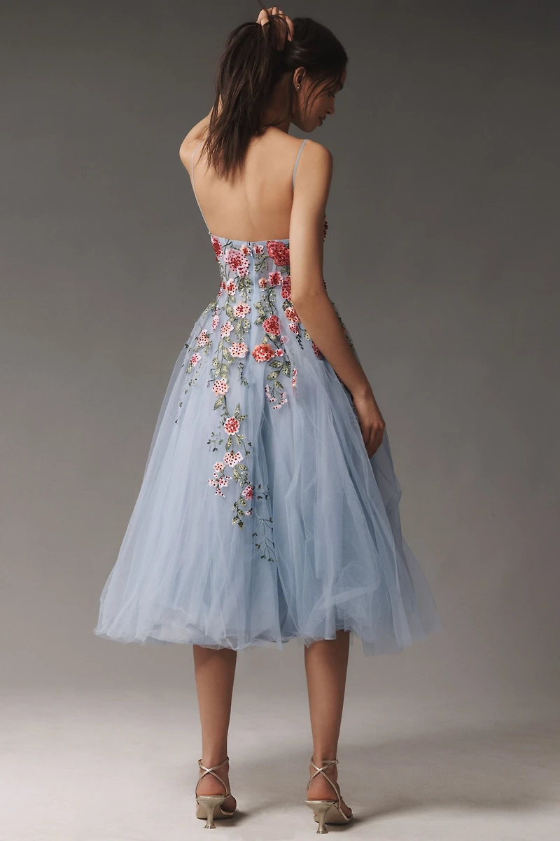 Mac Duggal Strapless Embroidered Tulle Midi Dress