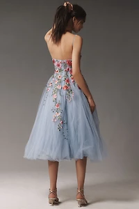 Mac Duggal Strapless Embroidered Tulle Midi Dress