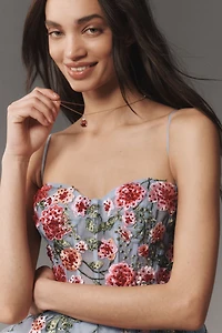 Mac Duggal Strapless Embroidered Tulle Midi Dress