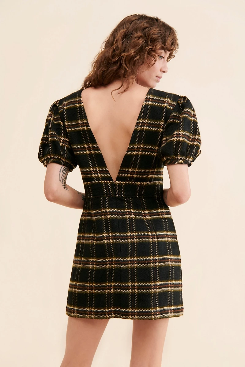 Ollari Plaid V-Neck Mini Dress