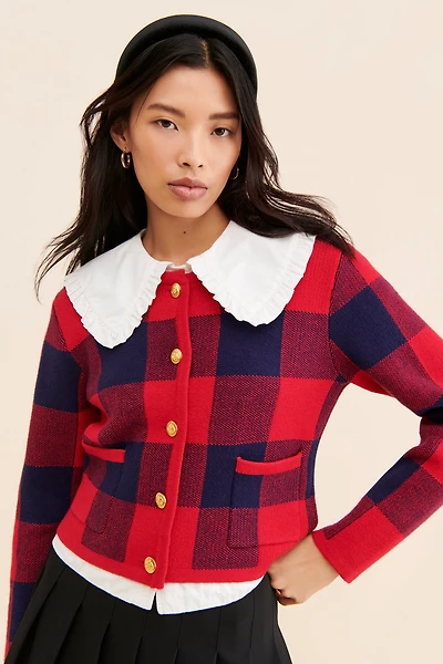 English Factory Plaid Patch Pocket Cardigan