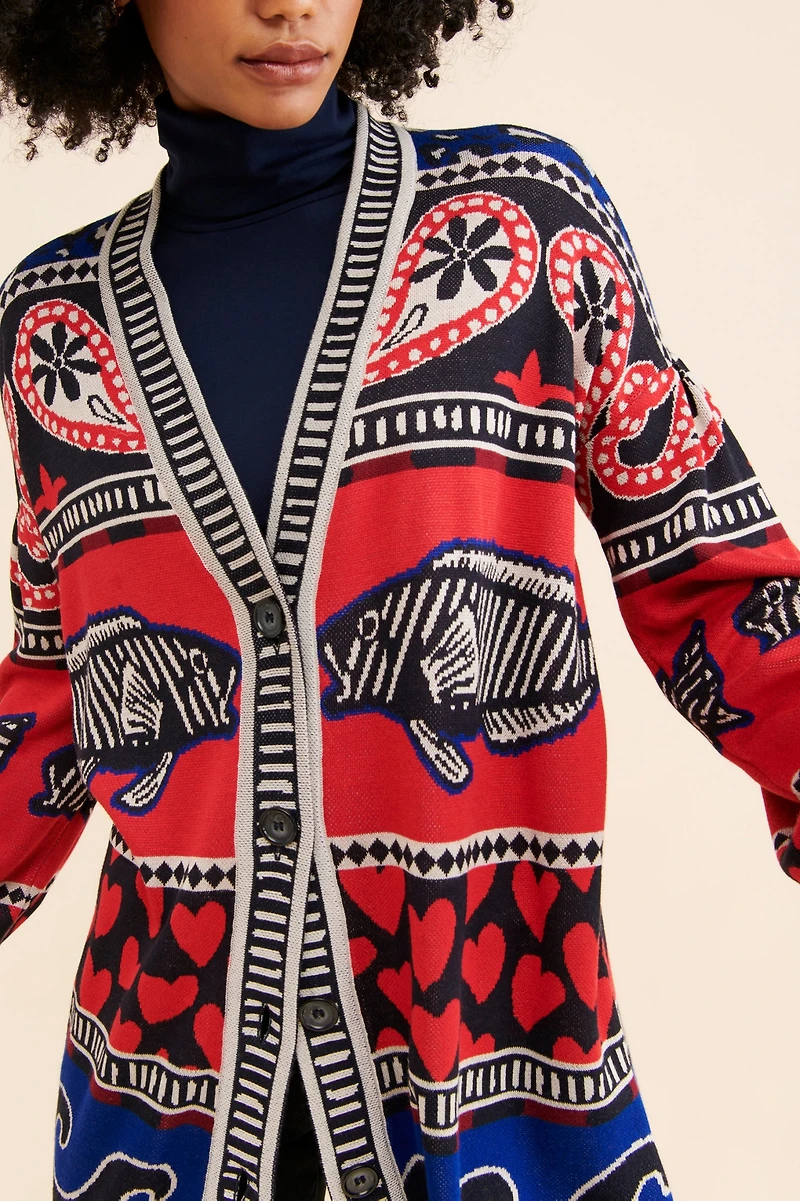FARM Rio Navy Mixed Prints Knit Cardigan