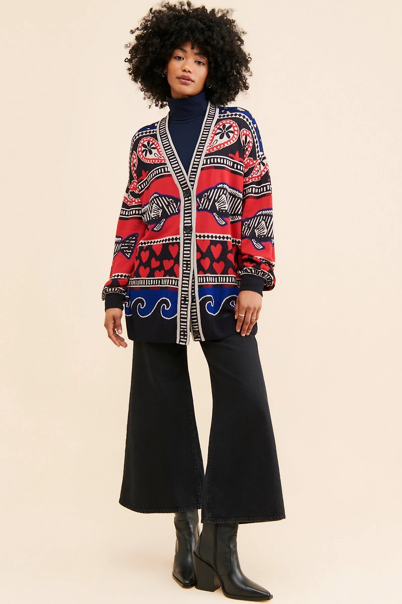 FARM Rio Navy Mixed Prints Knit Cardigan