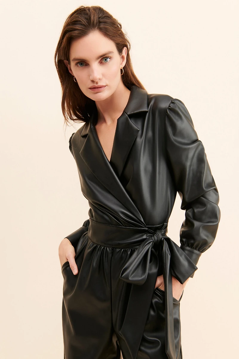 Bellevue Vegan Leather Wrap Jumpsuit