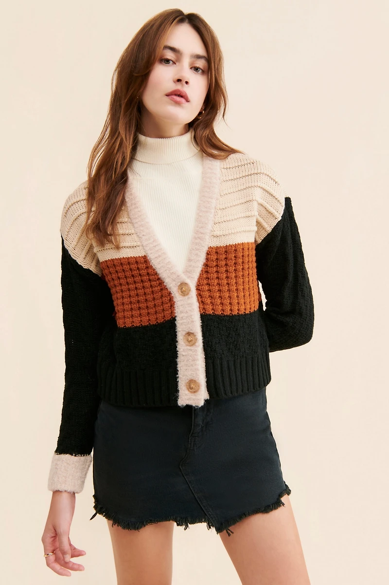 $525 Mixed Knit Colorblock Cardigan
