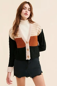 $525 Mixed Knit Colorblock Cardigan