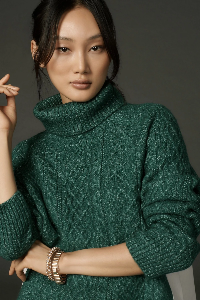 Mixed Media Turtleneck Cable Sweater
