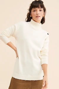 Flat White Buttoned Knit Turtleneck Sweater
