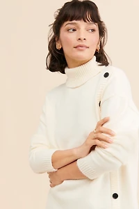Flat White Buttoned Knit Turtleneck Sweater