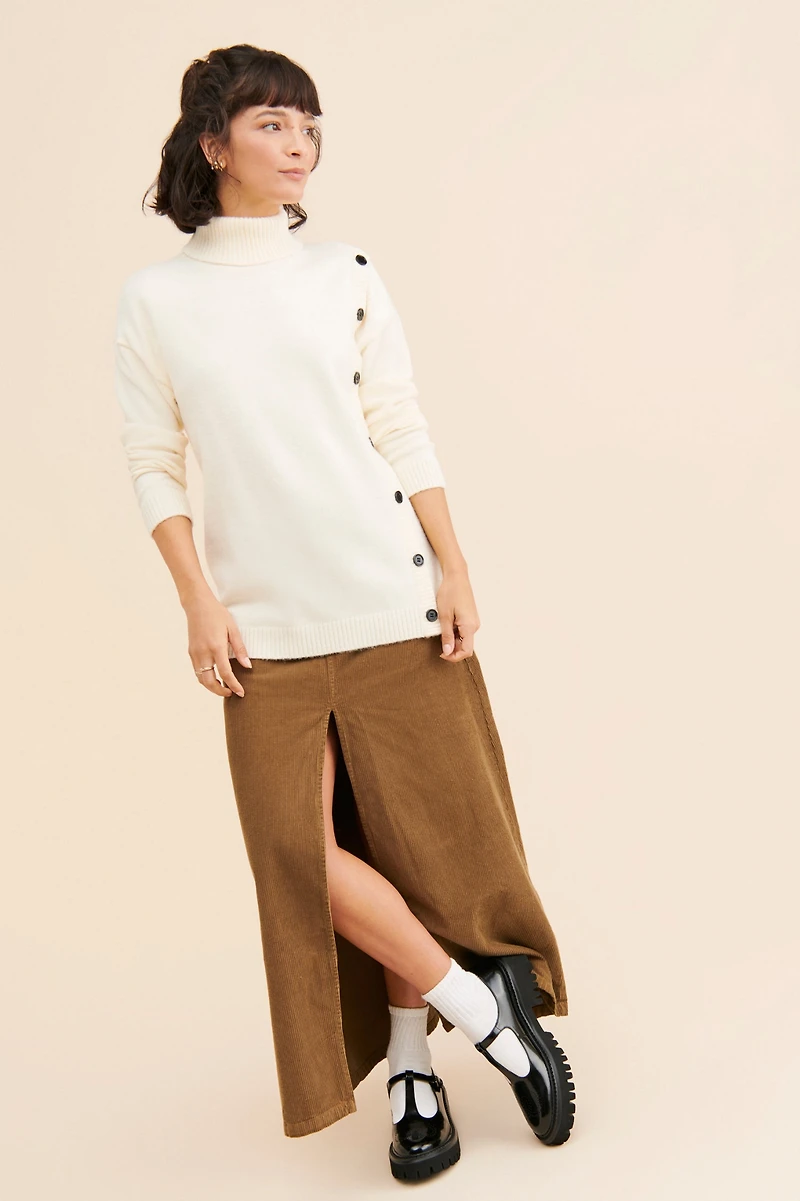 Flat White Buttoned Knit Turtleneck Sweater