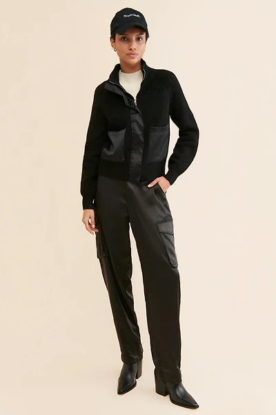 Flat White Mixed Media Zip-Up Sweater