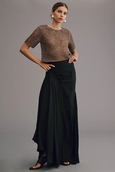 Metallic Open-Stitch Short-Sleeve Sweater