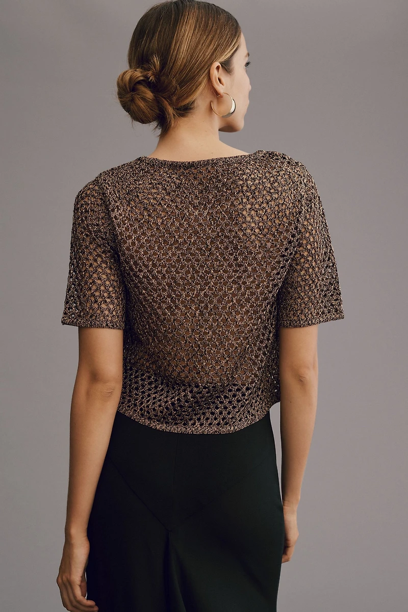 Metallic Open-Stitch Short-Sleeve Sweater