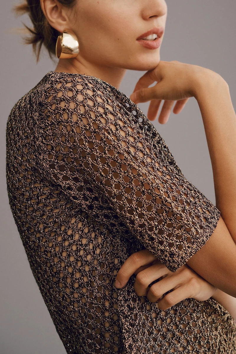 Metallic Open-Stitch Short-Sleeve Sweater