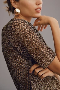 Metallic Open-Stitch Short-Sleeve Sweater