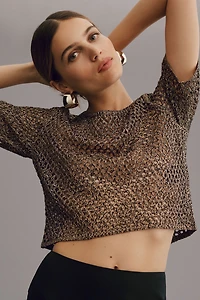 Metallic Open-Stitch Short-Sleeve Sweater