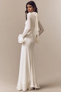 De La Vali Daira Mock-Neck Ruffle Long-Sleeve Bias-Cut Maxi Dress