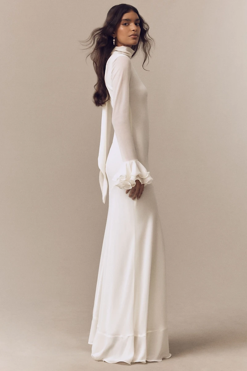 De La Vali Daira Mock-Neck Ruffle Long-Sleeve Bias-Cut Maxi Dress