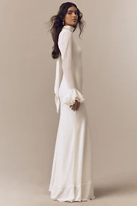 De La Vali Daira Mock-Neck Ruffle Long-Sleeve Bias-Cut Maxi Dress