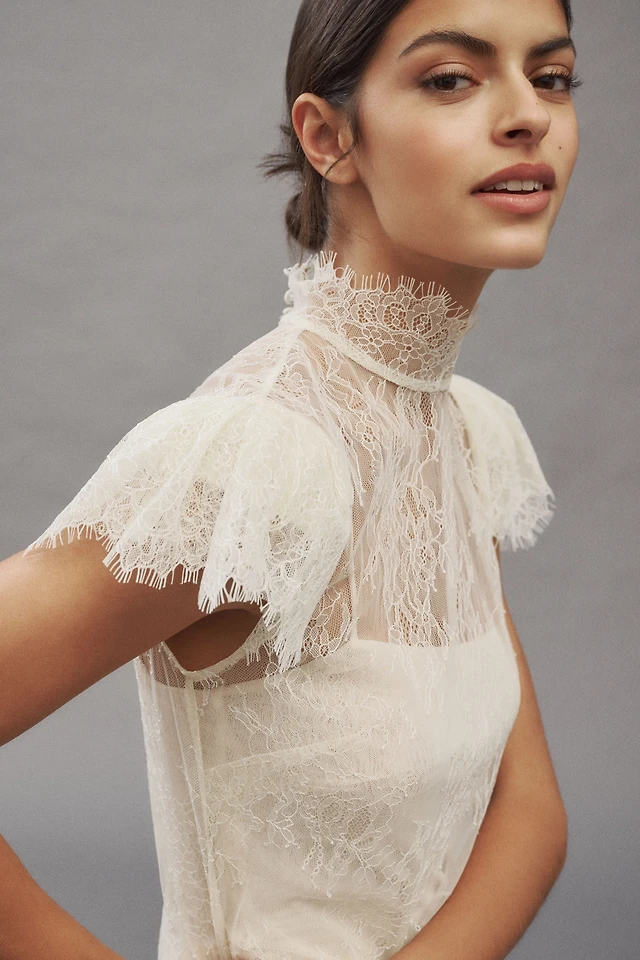 De La Vali Silentium Flounce-Sleeve Lace Mini Dress | The Summit