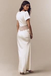 De La Vali Puff-Sleeve Silky Maxi Dress