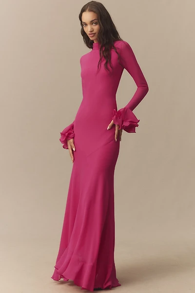 De La Vali Diara Long-Sleeve Scarf-Neck Maxi Dress