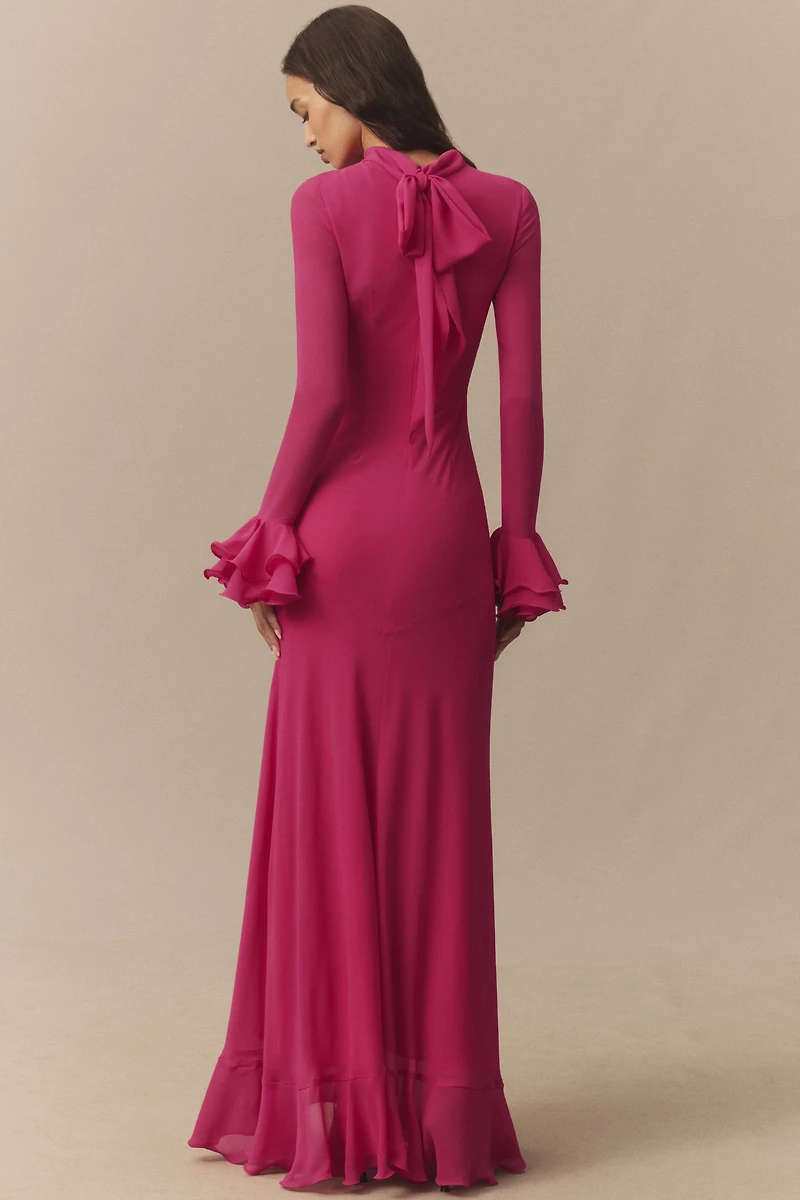 De La Vali Diara Long-Sleeve Scarf-Neck Maxi Dress