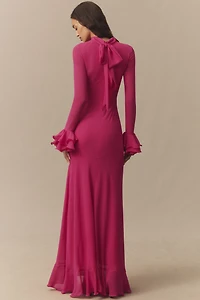 De La Vali Diara Long-Sleeve Scarf-Neck Maxi Dress