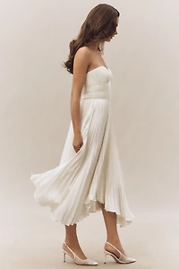 AMUR Juliett Strapless Pleated Asymmetric Midi Dress