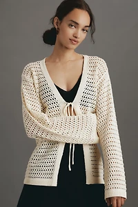 Flat White Long-Sleeve Crochet Tunic Top