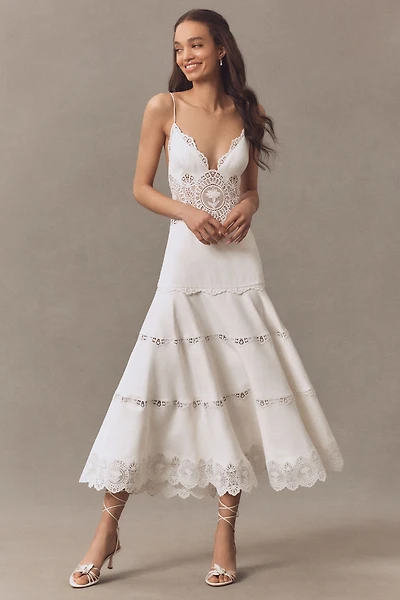 Retrofete Leilani Linen Blend V-Neck Tiered Lace Midi Dress
