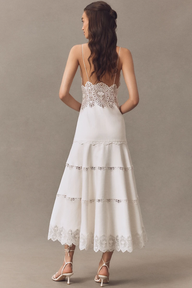 Retrofete Leilani Linen Blend V-Neck Tiered Lace Midi Dress