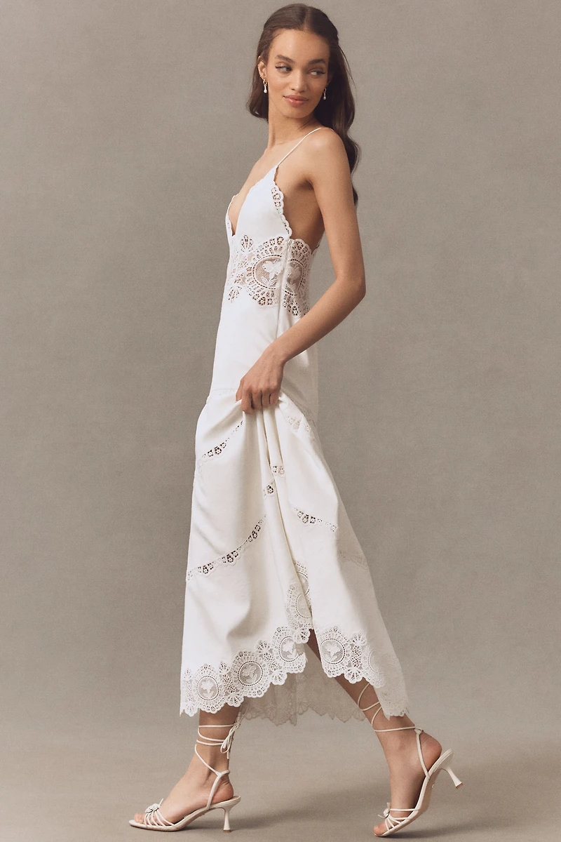 Retrofete Leilani Linen Blend V-Neck Tiered Lace Midi Dress