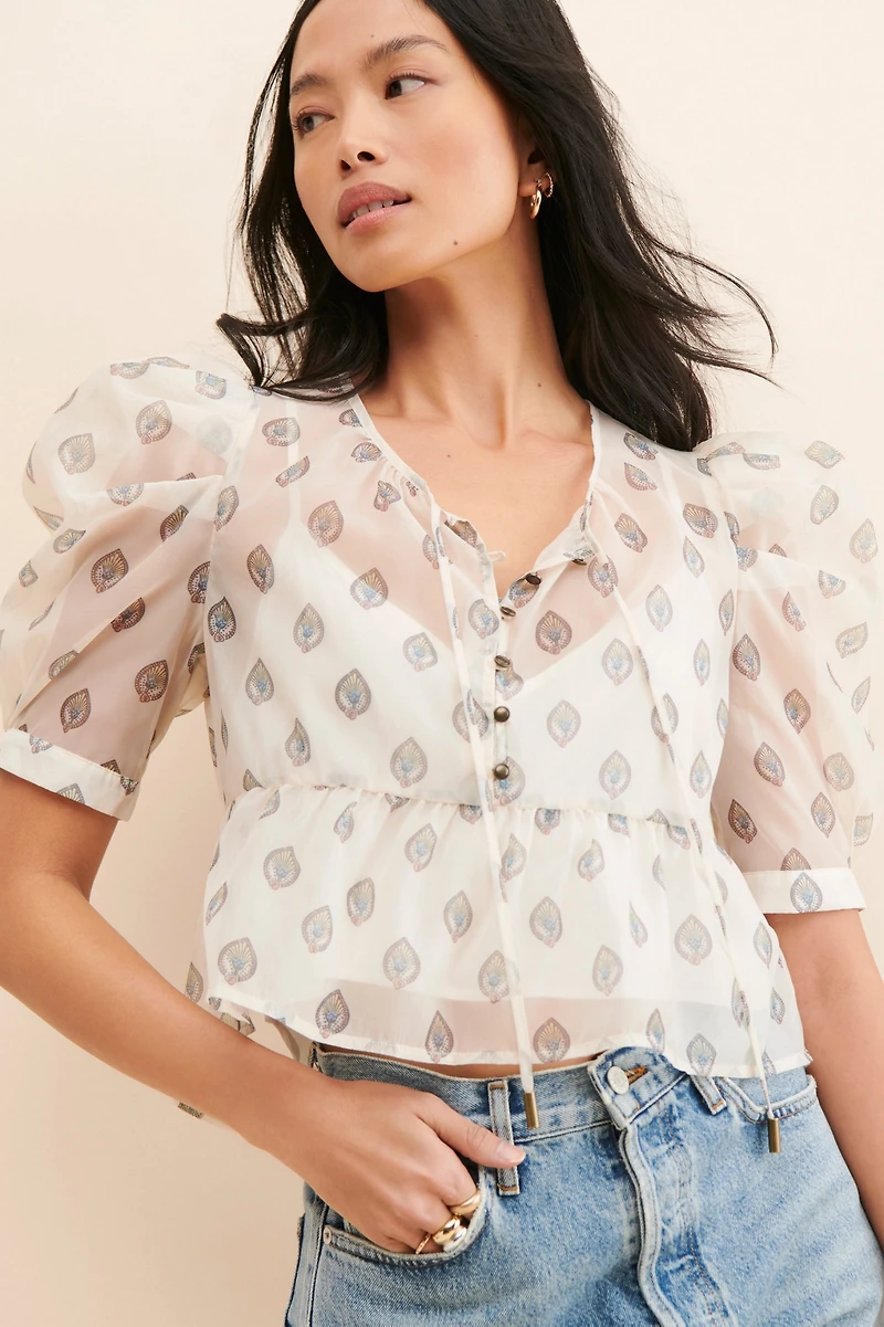 Puff-Sleeve Henley Blouse