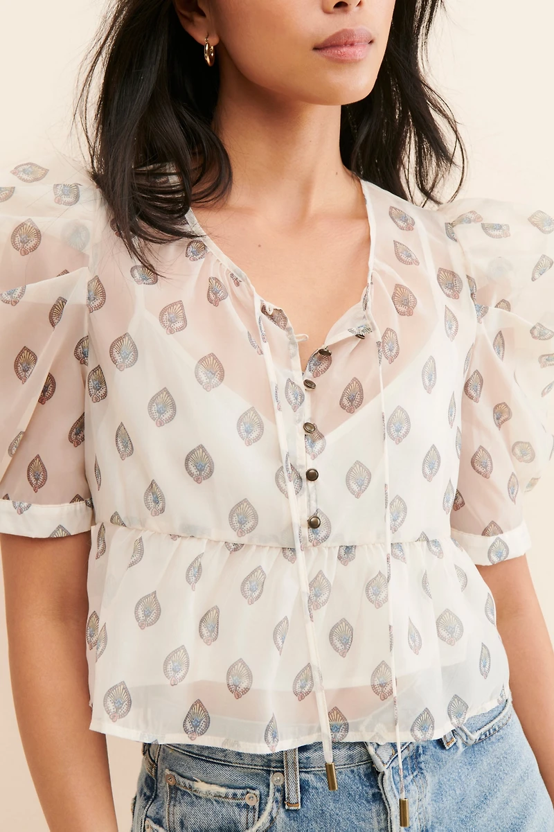 Puff-Sleeve Henley Blouse