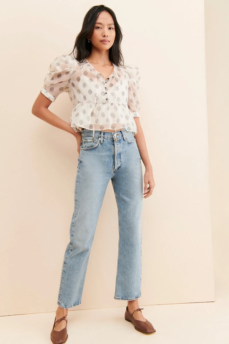 Puff-Sleeve Henley Blouse