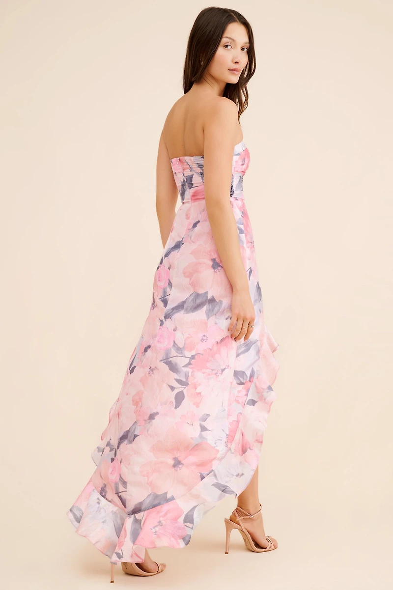 If By Sea Strapless Floral Asymmetrical Maxi Dress