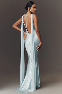 Retrofete Julia Boat-Neck Open-Back Cape Satin Maxi Dress