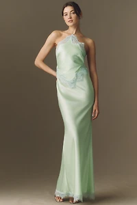 Retrofete Everly Halter Lace-Trim Satin Maxi Dress