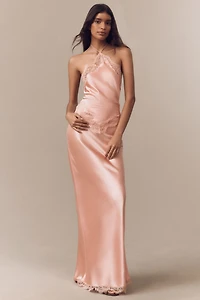 Retrofete Everly Halter Lace-Trim Satin Maxi Dress