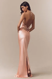 Retrofete Everly Halter Lace-Trim Satin Maxi Dress
