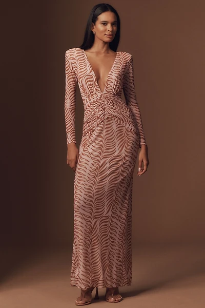 PatBO Long-Sleeve Plunge-Neck Printed Maxi Dress