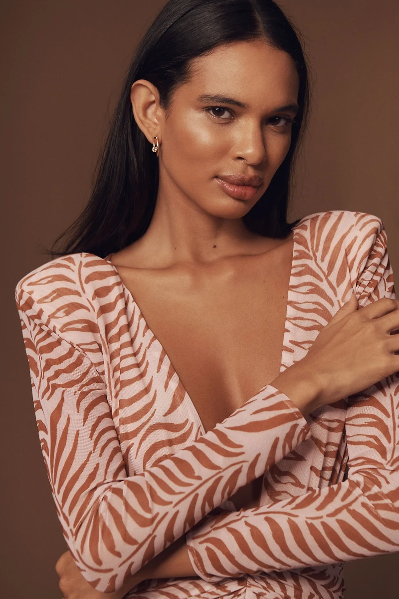 PatBO Long-Sleeve Plunge-Neck Printed Maxi Dress