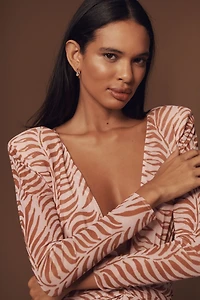 PatBO Long-Sleeve Plunge-Neck Printed Maxi Dress