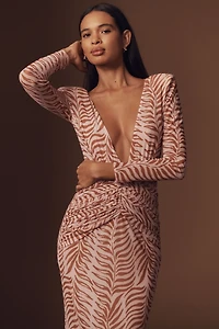 PatBO Long-Sleeve Plunge-Neck Printed Maxi Dress