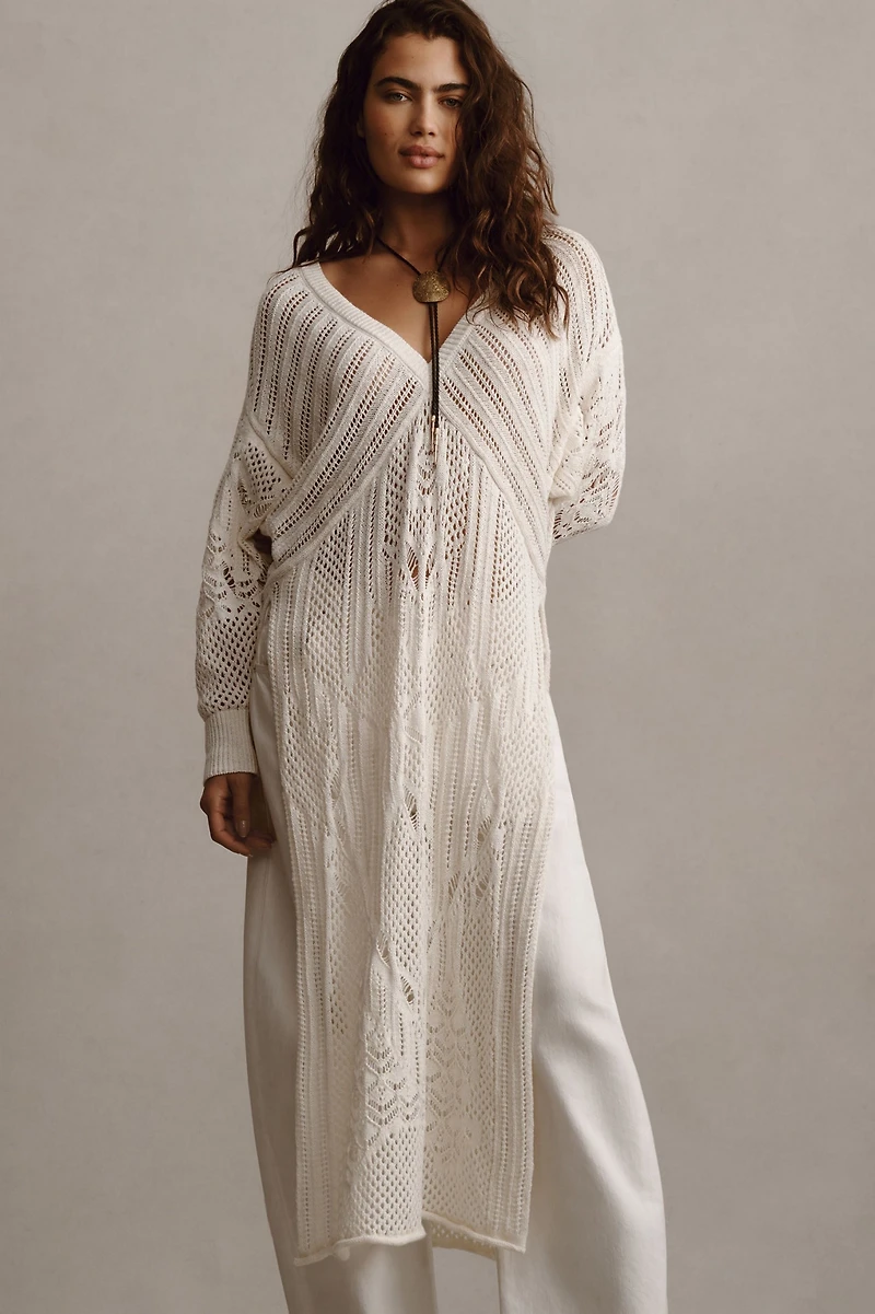 Open-Stitch Side-Slit Tunic Sweater