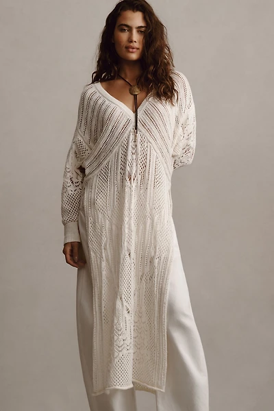 Open-Stitch Side-Slit Tunic Sweater
